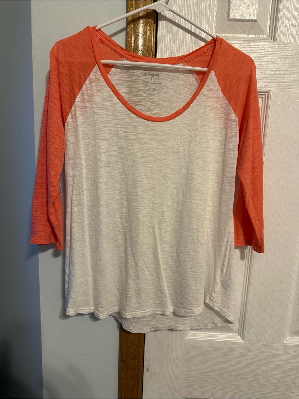 Express White and Coral 3/4 Sleeve Raglan Top